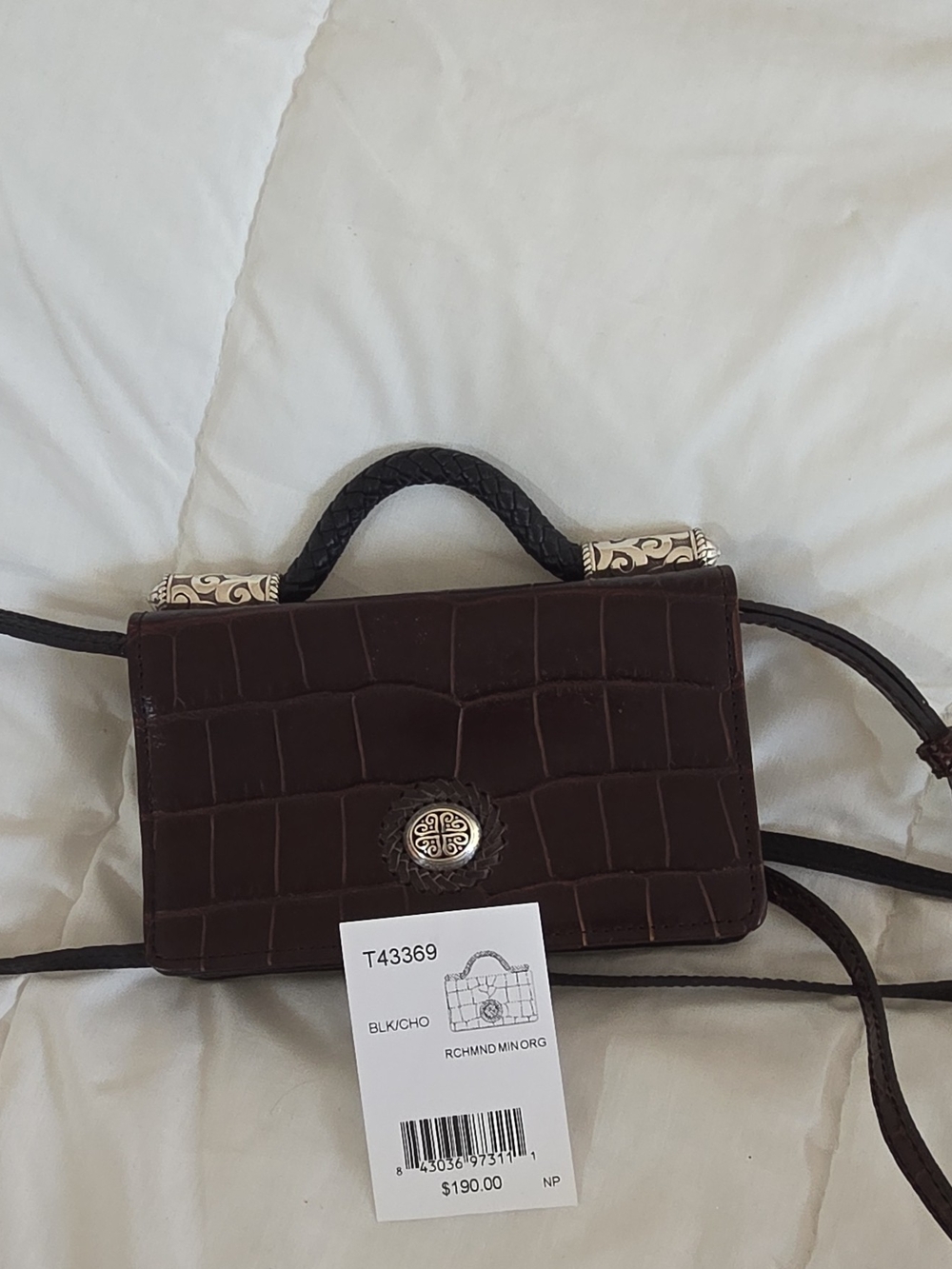 Brighton Croc-Embossed Mini Crossbody in Dark Brown with Braided Handle